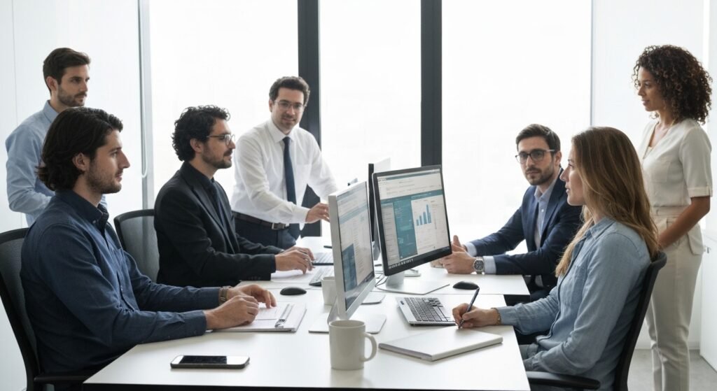 Profissionais colaborando em escritório moderno, unindo comunicação humana e tecnologia de IA.