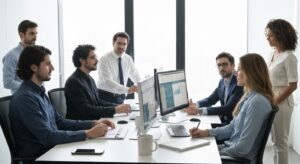 Profissionais colaborando em escritório moderno, unindo comunicação humana e tecnologia de IA.