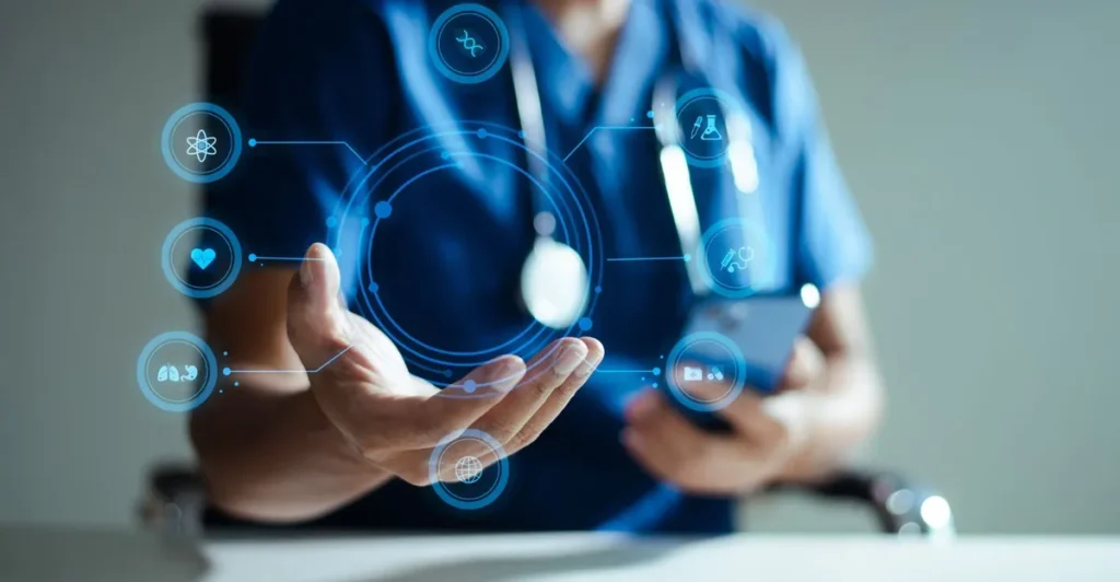 Pacientes interagem com tecnologia em um ambiente de saúde moderno, com IA e reputação em tempo real.