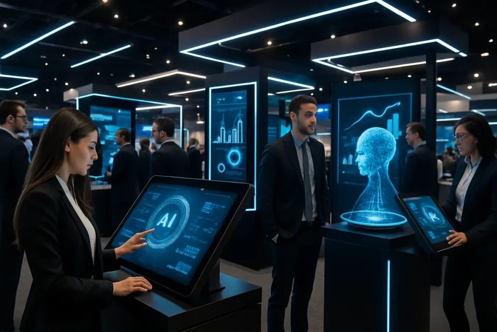 Visitantes da CES 2026 interagem com robôs e telas gigantes que exibem soluções Martech impulsionadas por IA.