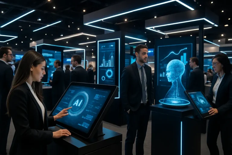 Visitantes da CES 2026 interagem com robôs e telas gigantes que exibem soluções Martech impulsionadas por IA.