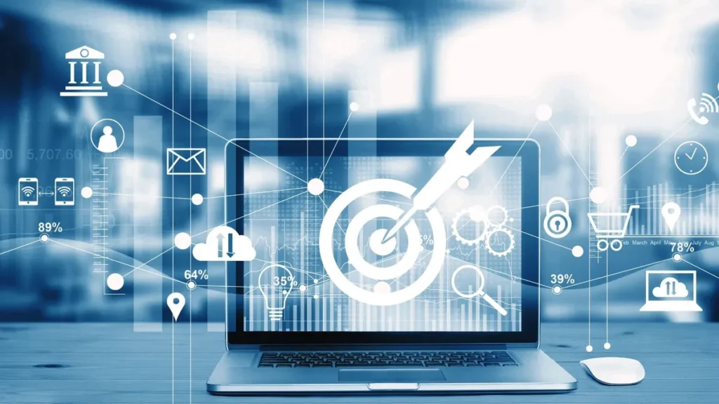 Estudantes universitários colaborando em um ambiente moderno de marketing digital