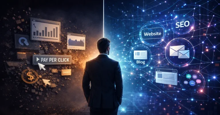 Mão interagindo com dados de marketing digital, custos crescentes e inteligência artificial