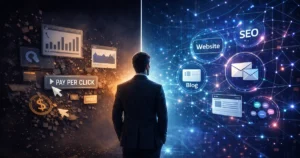 Profissionais de marketing digital analisando dados de tráfego pago e inteligência artificial